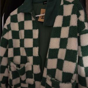 Green and White Checkered Fuzzy Jacket